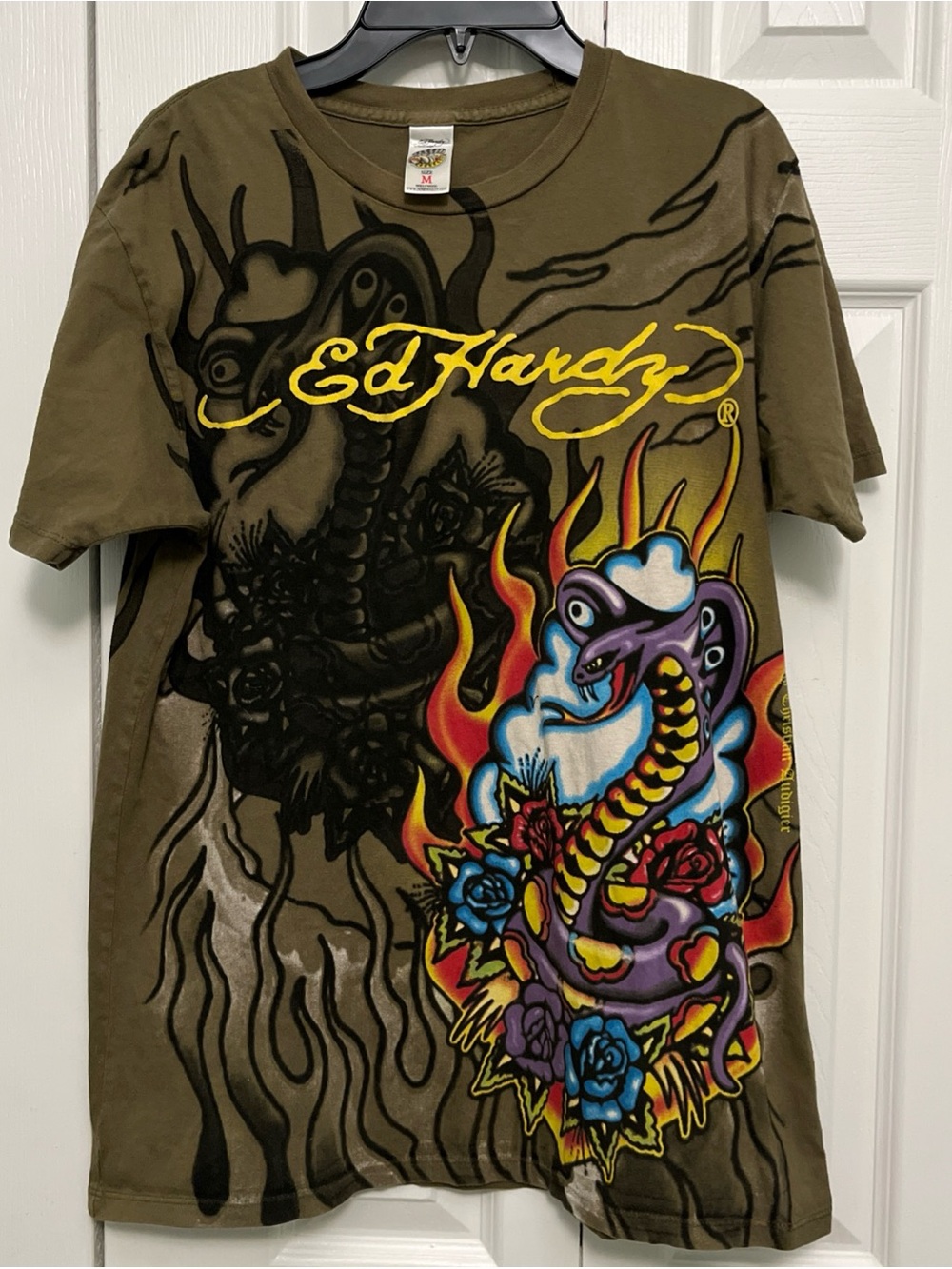 Ed Hardy Olive Graphic Snake Tee with Yellow Logo medium